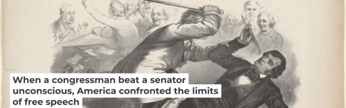 In John Magee’s print, Preston Brooks wields a cane against Charles Sumner, who is clutching a pen and a rolled-up speech. John L. Magee, The New York Public Library